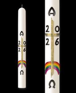 Oster- und Jahreskerze 2026, � 8 cm x 60 cm, Motiv, A + O, Regenbogen