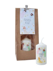 Frohes Fest, Kerze 10 x  5 cm in Tte, mit Krtchen, (Engelmotiv)