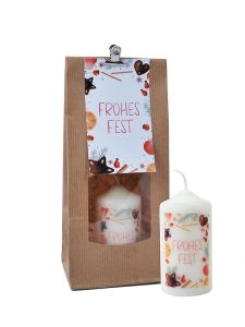 Frohes Fest, Kerze 10 x  5 cm in Tte, mit Krtchen, (Pltzchenmotiv)